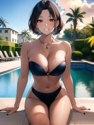 1girls ai_generated ai_mirror black_nails blush brown_eyes brown_hair building bush dark_blue_bikini earrings light_skin looking_at_viewer medium_breasts necklace palm_tree pool pool_chair short_hair sitting smile strapless_bikini water