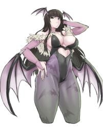 animal_print bat_print bat_wings blunt_bangs breasts bridal_gauntlets clothing clothing_cutout cosplay darkstalkers demon_girl female girls_und_panzer guhanshounen hand_in_own_hair hand_on_own_hip head_wings heart_cutout large_breasts leotard mature_female medium_breasts milf morrigan_aensland morrigan_aensland_(cosplay) nishizumi_shiho pantyhose print_pantyhose purple_pantyhose simple_background solo vampire_(game) white_background wings