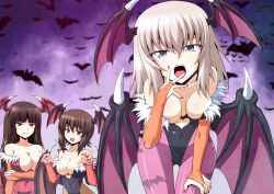 animal_print bare_shoulders bat_(animal) bat_print bat_wings black_hair blue_eyes blunt_bangs blush breasts bridal_gauntlets brown_eyes cleavage clothing clothing_cutout cosplay darkstalkers demon_girl girls_und_panzer head_wings heart_cutout highres itsumi_erika kamishima_kanon large_breasts leotard long_hair looking_at_viewer medium_breasts medium_hair milf morrigan_aensland morrigan_aensland_(cosplay) mother_and_daughter multiple_girls nishizumi_maho nishizumi_shiho pantyhose print_legwear purple_legwear short_hair silver_hair small_breasts smile straight_hair vampire_(game) wings