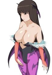 10s a1 animal_print bags_under_eyes bare_shoulders bat_print blunt_bangs blush breasts bridal_gauntlets brown_hair cleavage clothing cosplay darkstalkers embarrassed female from_side girls_und_panzer half-closed_eyes head_wings large_breasts long_hair low_wings mature_female morrigan_aensland morrigan_aensland_(cosplay) nishizumi_shiho pantyhose print_pantyhose purple_pantyhose simple_background solo sweat white_background wings