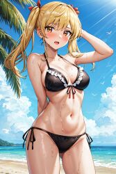 1girls ai_generated beach bikini black_bikini blonde_hair blush female female_only hand_behind_head human navel open_mouth orange_eyes ponytails sawachika_eri school_rumble solo standing wet_body