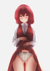 1girls 2d 2d_(artwork) blush blush_lines female female_focus female_only flashing_panties hair_between_eyes hips human long_skirt long_sleeves looking_at_viewer okazaki_yumemi open_mouth panties professor red_eyes red_hair red_skirt red_vest revealing_panties showing_panties shy skirt_lift skirt_pull skirt_up small_breasts source standing striped_panties student sweat sweating sweaty teruteru12 thighs tied_hair touhou touhou_(pc-98) white_shirt yumemi_okazaki