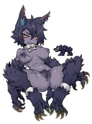 1girls anus black_hair breasts canine claws collar female glowing_eyes hellhound hellhound_(terraria) nipple_piercing nipples nyong_nyong orange_eyes piercing pubic_hair pussy pussy_piercing scar solo terraria