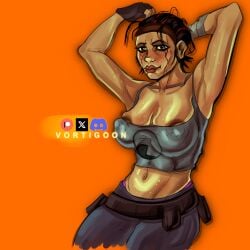 1girls 2d abs alyx_vance armpit armpits athletic bandage bandaged_arm belly_button big_breasts black_mesa blush breast_squish breasts brown_nipples brown_skin clothed drooping_breasts eyelashes eyeliner eyeshadow female female_only fingerless_gloves glistening_skin half-life half-life:_alyx half-life_(series) half-life_2 half-life_alyx human human_female human_only humanoid jeans likkezg lips lipstick looking_at_viewer mammal messy_hair navel nipples pink_panties raised_arms shiny_skin simple_background small_waist solo sports_bra steam sweat sweatdrop tan_skin tank_top thick_thighs thin_waist tight_bra tomboy utility_belt valve vortigoon watermark