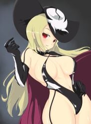 1girls ashino blonde_hair cape elbow_gloves female hat latex latex_gloves light-skinned_female light_skin looking_at_viewer medium_breasts open_mouth red_eyes senran_kagura shiki_(senran_kagura) simple_background solo standing thick_thighs very_long_hair