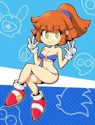 1girls 2023 alternate_version_available arle_nadja bikini blue_background bra breasts female female_only gloves navel orange_hair panties peace_sign ponytail puyo_puyo shoes silvertails841 solo solo_female sonic_the_hedgehog_(cosplay) yellow_eyes