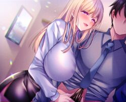 1boy aizawa_chihiro black_skirt blonde_hair blue_necktie blurry blurry_background breasts censored collared_shirt faceless faceless_male female hair_over_shoulder huge_breasts long_hair mosaic_censoring necktie office_lady official_art original parted_lips pencil_skirt penis penis_grab purple_eyes shirt short_hair skirt sweat white_shirt