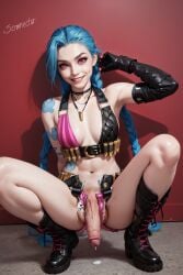 1futa ai_generated belt big_penis blue_hair blue_haired_futa boots braids bullet_belt bullets denim_shorts flaccid flaccid_penis futa_only futanari hotpants ineffective_clothing jinx_(league_of_legends) large_penis long_hair midriff mostly_nude petite pink_eyes ripped_clothing short_shorts slender small_breasted_futa small_breasts smile smiling solo somnectar squatting tattoos