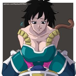 1boy 1girls artist_name big_breasts black_hair breasts cleavage dragon_ball dragon_ball_super female female_focus female_saiyan gine huge_breasts imminent_oral large_breasts licking_lips male male_pov milf mother no_visible_genitalia on_knees partial_male penis_bulge saiyan saiyan_tail seductive_look straight tail zzzmaezzz