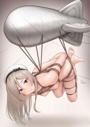 annoyed arms_behind_back blue_eyes blush bondage bound breast_bondage breasts completely_nude driftkingtw female female_only grey_hair hat immobilization javelin_(kantai_collection) kantai_collection long_hair looking_at_viewer nipples nude restrained rope royal_navy sailor_hat solo solo_female