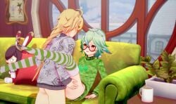 3d aether_(genshin_impact) animated couch couch_sex female genshin_impact green_sweater grey_sweater hoyoverse longer_than_30_seconds mihoyo miscsfmporn sex stockings striped_legwear sucrose_(genshin_impact) tagme video