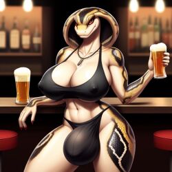 ai_generated anthro bar beer beer_glass big_breasts big_penis bikini bra breasts bulge bulge_in_panties bulge_through_clothing intersex looking_at_viewer necklace nipple_bulge nipples nipples_visible_through_clothing orange_eyes penis scales scalie snake snake_girl tagme yellow_scales