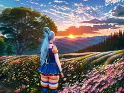 1girls ai_generated aqua_(konosuba) artist_request ass beautiful_background blue_hair blue_skirt blue_thigh_boots blue_vest clouds detached_sleeves female female_only field flower from_behind kono_subarashii_sekai_ni_shukufuku_wo! landscape microskirt mini_skirt peaceful self_upload solo stable_diffusion staring sunset tagme trees white_thighhighs