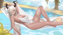 1girls 2020s 2023 absurd_res anklet azur_lane backless_swimsuit bare_legs bare_shoulders beach bracelet braid breasts brown_eyes collarbone dark-skinned_female dark_skin female grey_hair hair_over_one_eye hammock hi_res horn_ornament horns jewelry large_breasts long_hair low_twin_braids manjuu_(azur_lane) one-piece_swimsuit outdoors owari_(azur_lane) palm_tree sideboob smile solo swimsuit thighlet tree twin_braids user_vzzn2855 white_one-piece_swimsuit