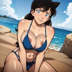 1girls ai_generated beach big_breasts bikini blue_eyes bra breasts breasts_out brown_hair detective_conan female human large_breasts long_hair nipples nude pale-skinned_female pale_skin ran_mouri swimsuit swimwear tagme thick_thighs wide_hips