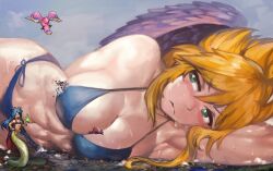 2girls black_wings blonde_hair blue_underwear blush breath_of_fire breath_of_fire_ii deis giantess green_eyes hourglass_figure large_breasts laying_down nina_(breath_of_fire_ii) sweat yilx