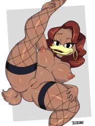 1girls anthro anus avian breasts dark-skinned_female dark_skin duck ducktales ducktales_(2017) female female_only fishnets jose12mexico latina leg_up legs_up m'ma_crackshell milf pac-man_eyes presenting pussy solo