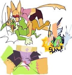 anthro bulge_rubbing canid canine canis comic curtis_(rotgut12) dijon_(guncht) duo eeveelution female fur generation_1_pokemon green_body green_fur guncht jackal jolteon male male/female mammal nintendo pokemon pokemon_(species) rubbing_pussy shiny_pokemon yellow_body yellow_fur