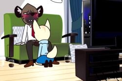 1boy 1girls accurate_art_style aggressive_retsuko animated anthro blush canaryprimary clothed clothed_female clothed_sex fellatio female femdom fennec fenneko furry haida hyena indoors male male/female malesub oral penile sanrio sex suit_and_tie tagme tongue_out turtleneck unfinished