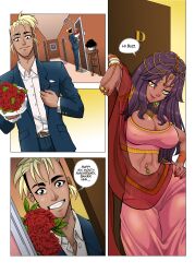 1boy1girl apartment arabian_clothes belly_dancer belly_dancer_outfit blonde_hair bouquet bracelet cleavage comic comic_page dark-skinned_female dark-skinned_male earrings gold_jewelry handsome indian krazy_krow navel navel_piercing necklace original_character ponytail purple_hair ring rose sahira spinnerette_(comic) stud suit