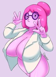 2023 adventure_time black_eyes bombcat breasts cartoon_network cleavage duck_face female female_focus female_only glasses huge_breasts lab_coat lab_coat_only long_hair one_eye_closed pink_background pink_body pink_hair princess_bubblegum thick_thighs thighs tied_hair