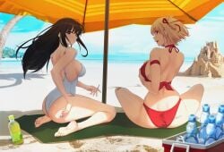 2girls ass barefoot beach beach_towel beach_umbrella bikini black_hair blonde_hair blue_sky bottle breasts cloud commentary_request cooler day floating_hair full_body green_tea highres ice ice_cube inoue_takina large_breasts long_hair lycoris_recoil medium_breasts multiple_girls nishikigi_chisato one-piece_swimsuit outdoors palm_tree plastic_bottle purple_eyes ramune red_bikini red_eyes sand_castle sand_sculpture short_hair sitting sky solar_(happymonk) swimsuit tea towel tree umbrella white_one-piece_swimsuit