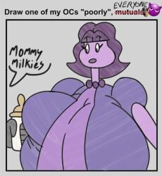 1girls 2d anon baby_bottle big_breasts breast_squish clothed clothed_female_nude_male draw_challenge female guavagrunt hand_holding_object huge_breasts infantilism lazypummalbutt milf mrs_ella_(lazyppnsfw) original original_character purple_dress purple_hair purple_skin surprised