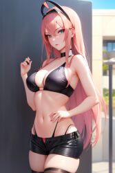 ai_generated arrogant bikini_top blue_eyes collar darling_in_the_franxx fiend hotpants pink_hair zero_two_(darling_in_the_franxx)