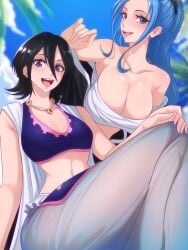 2girls black_hair bleach blue_hair breasts cleavage cosplay crossover female female_only hi_res huge_breasts kuchiki_rukia kuchiki_rukia_(cosplay) light-skinned_female light_skin long_hair medium_breasts nefertari_vivi nefertari_vivi_(cosplay) one_piece opalisart outfit_swap short_hair smile