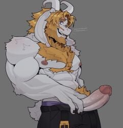 2d anthro asgore_dreemurr balls beard big_penis body_hair boner chest_hair color deltarune dialogue droopie english english_dialogue english_text erection facial_hair furry goat horns male male_only muscles muscular musk penis penis_out pubes pubic_hair shirtless solo solo_male tagme text uncensored undertale undertale_(series) white_body white_fur yellow_hair