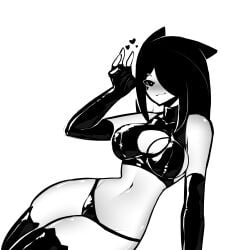 2023 animal_ears bikini black_bikini black_eyes black_hair blush cat_ears catgirl cleavage elbow_gloves fingerless_gloves gloves hair_over_one_eye heart long_gloves looking_at_viewer navel original shiny_clothes smile tagme tekona thighhighs thighs