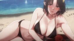 1girls beach belly_button bikini black_bikini black_hair blush breasts cleavage female female_only huge_breasts light-skinned_female light_skin looking_at_viewer outside pixela_legends pixela_project pointy_ears sand sand_writing solo swimsuit umino_ciala virtual_youtuber water xtermination