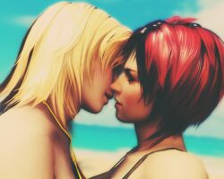 3d after_kiss beach bikini blonde_hair dead_or_alive kissing mila_(doa) red_hair saliva tina_armstrong yuri