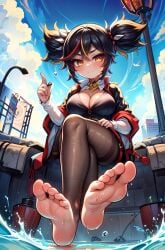 1girls 5_toes absurd_res absurdres ai_generated alternate_breast_size bare_legs barefoot big_breasts black_hair blush breasts cleavage dark_skin feet feet_up female female_focus female_only foopanthia foot_fetish foot_focus foot_play genshin_impact hi_res highres legs legs_up looking_at_viewer presenting presenting_feet smile smiling smiling_at_viewer sole_female soles sweat sweating sweaty tan_body thick thick_thighs toes twintails xinyan_(genshin_impact) yellow_eyes