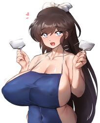 apron apron_only big_breasts blue_eyes blush brown_hair covered_nipples happy huge_breasts long_hair nipples open_mouth ranma_1/2 ribbon sideboob spatula thirty_8ght ukyo_kuonji white_background