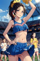 1girls ai_generated ai_hands ai_language ai_text black_hair cheerleader cheerleader_uniform exhibitionism exhibitionist midriff no_panties outside ponytail public public_nudity pussy skirt solo_focus