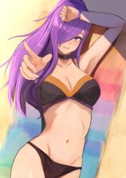 1girls alternate_costume arm_up bikini black_bikini black_choker black_swimsuit breasts choker cleavage collarbone female female female_only fire_emblem fire_emblem:_three_houses fire_emblem_heroes fire_emblem_warriors:_three_hopes groin hair_over_one_eye highres labebebe_lee long_hair lying medium_breasts midriff navel nintendo official_alternate_costume on_back outstretched_arm purple_eyes purple_hair shez_(female)_(fire_emblem) shez_(female)_(summer)_(fire_emblem) shez_(fire_emblem) solo swimsuit