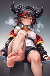 1girls 5_toes absurd_res absurdres ai_generated alternate_breast_size bare_legs barefoot big_breasts black_hair blush breasts cleavage dark_skin feet feet_up female female_focus female_only foopanthia foot_fetish foot_focus foot_play genshin_impact hi_res highres legs legs_up looking_at_viewer presenting presenting_feet smile smiling smiling_at_viewer sole_female soles sweat sweating sweaty tan_body thick thick_thighs toes twintails xinyan_(genshin_impact) yellow_eyes