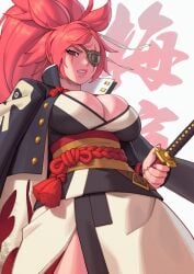 1girls 2023 2d 2d_(artwork) arc_system_works baiken breasts cleavage clothed eyepatch facial_scar female female_focus female_only guilty_gear hi_res huge_breasts light-skinned_female light_skin long_hair looking_at_viewer looking_down low-angle_view pink_hair red_hair rizdraws thick thick_thighs thighs