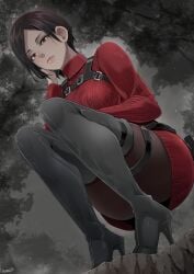 1girls 2020s 2023 ada_wong black_hair butcha-u full_body high_heel_boots high_heels long_boots pantyhose red_dress resident_evil resident_evil_4 resident_evil_4_remake sweater sweater_dress thigh_boots thighhigh_boots turtleneck_sweater