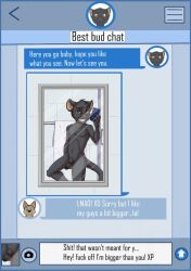 anonymous_artist anthro cellphone chat felid hi_res male mammal original original_character pantherine phone selfie size_queen small_penis_humiliation smug solo teenager text uncensored victor_mccain young