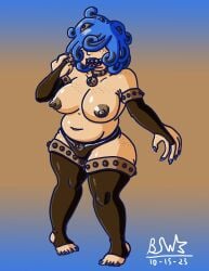 alternate_costume alternate_outfit areolae barefoot bbw blue_hair bluestarwishes chubby chubby_female cinnamon_roll cinnamon_sammy_(bluestarwishes) cookie dessert food_creature food_humanoid freckles gijinka gloves hair_covering_eyes lingerie lipstick nail_polish oc original_character panties self_upload sharp_nails sharp_teeth shortstack smiling spiked_collar stockings tan_skin topless transformation