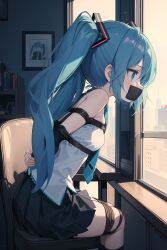 ai_generated arms_tied_behind_back blue_eyes blue_hair bondage bound_legs gag gagged hatsune_miku looking_out_window sitting tape_gag twintails vocaloid