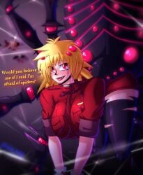 1girls alternate_version_available arachne arachnid_humanoid big_breasts blonde_hair blush color hellsing hellsing_ultimate indievamp military_uniform miniskirt monster monster_girl seras_victoria spider spider_girl spider_web thighhighs uniform web