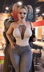 1boy 1girls 3d 3d_(artwork) assertive_female batman batman_(series) batquinn big_breasts blue_eyes busty dc dc_comics female fully_clothed hand_on_hip harley_quinn harley_quinn_(injustice) he_asked_for_no_pickles hourglass_figure injustice_2 jeans karen_(meme) large_breasts light-skinned_female light_skin narrow_waist red_lips smitty34 superhero supervillainess text thick thick_thighs villain villainess voluptuous wide_hips