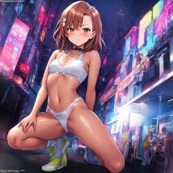 ai_generated ankle_socks anklehighs blush brown_eyes brown_hair half-dressed half_naked kneeling misaka_mikoto night night_out nightclub public shoes sneakers socks socks_and_shoes to_aru_kagaku_no_railgun underwear white_socks