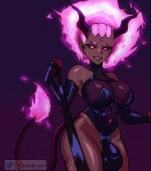 1futa big_balls black_sclera breasts bulge castlevania castlevania_(netflix) castlevania_nocturne clothed clothing dark-skinned_futanari dark_skin demon demon_girl drolta_tzuentes elbow_gloves fire_hair futa_only futanari gloves heedraws humanoid latex leash leashed_pov long_hair looking_at_viewer mostly_clothed pink_hair solo standing tail thick_thighs vampire wide_hips