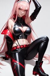 ai_generated belt biker_clothes black_gloves collar darling_in_the_franxx fiend necklace pink_hair red_eyes red_leather_jacket revealing_clothes thong zero_two_(darling_in_the_franxx)