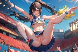 1girls ai_generated and black_hair cheerleader cheerleader_uniform exhibitionism exhibitionist midriff no no_panties outside ponytail public_exposure public_nudity pussy pussy_juice skirt solo_focus top