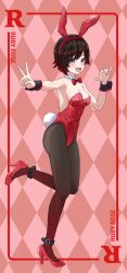 1girls alternate_costume ass breasts bunny_ears_headband bunny_tail bunnysuit cleavage female female_only full_body high_heels leotard mouth_open ruby_rose rwby ryohakosako short_hair silver_eyes solo standing standing_on_one_leg stockings v white_skin